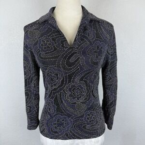 Vintage Sarah B Studios Women's Paisley Sparkle Sequin Collared V Neck Top Sz Sm
